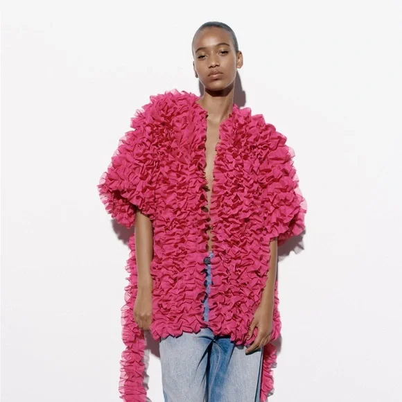 Zara Pink Ruffled Knit Coat. Sold out online. Size M. - Picture 1 of 8